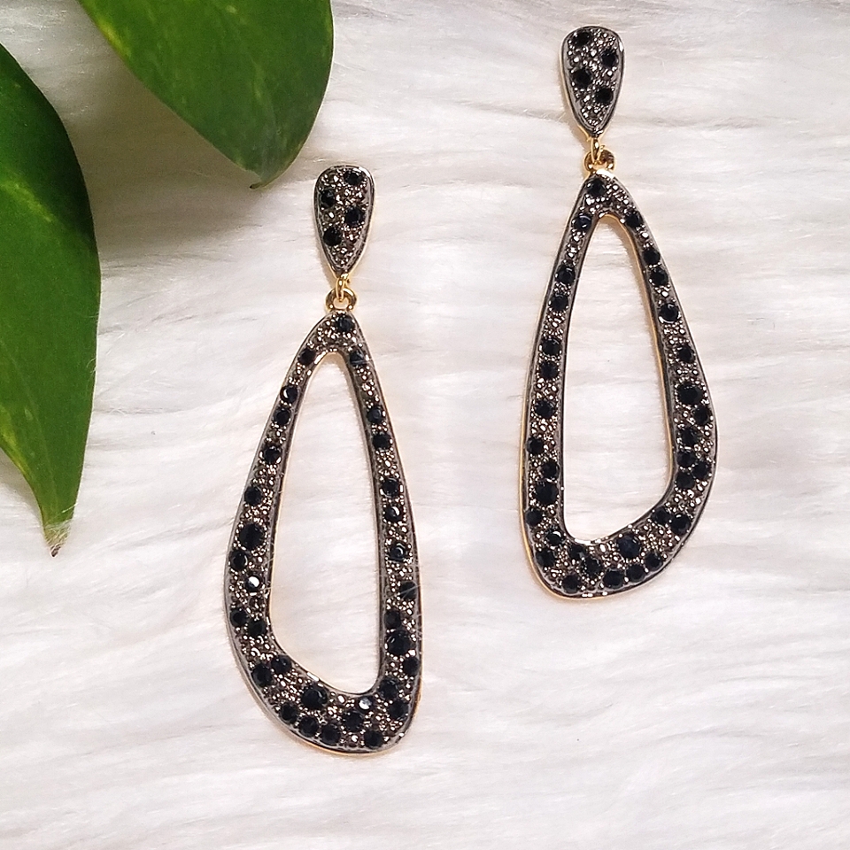 Silver And Black Crystal Abstract Teardrop Earrings